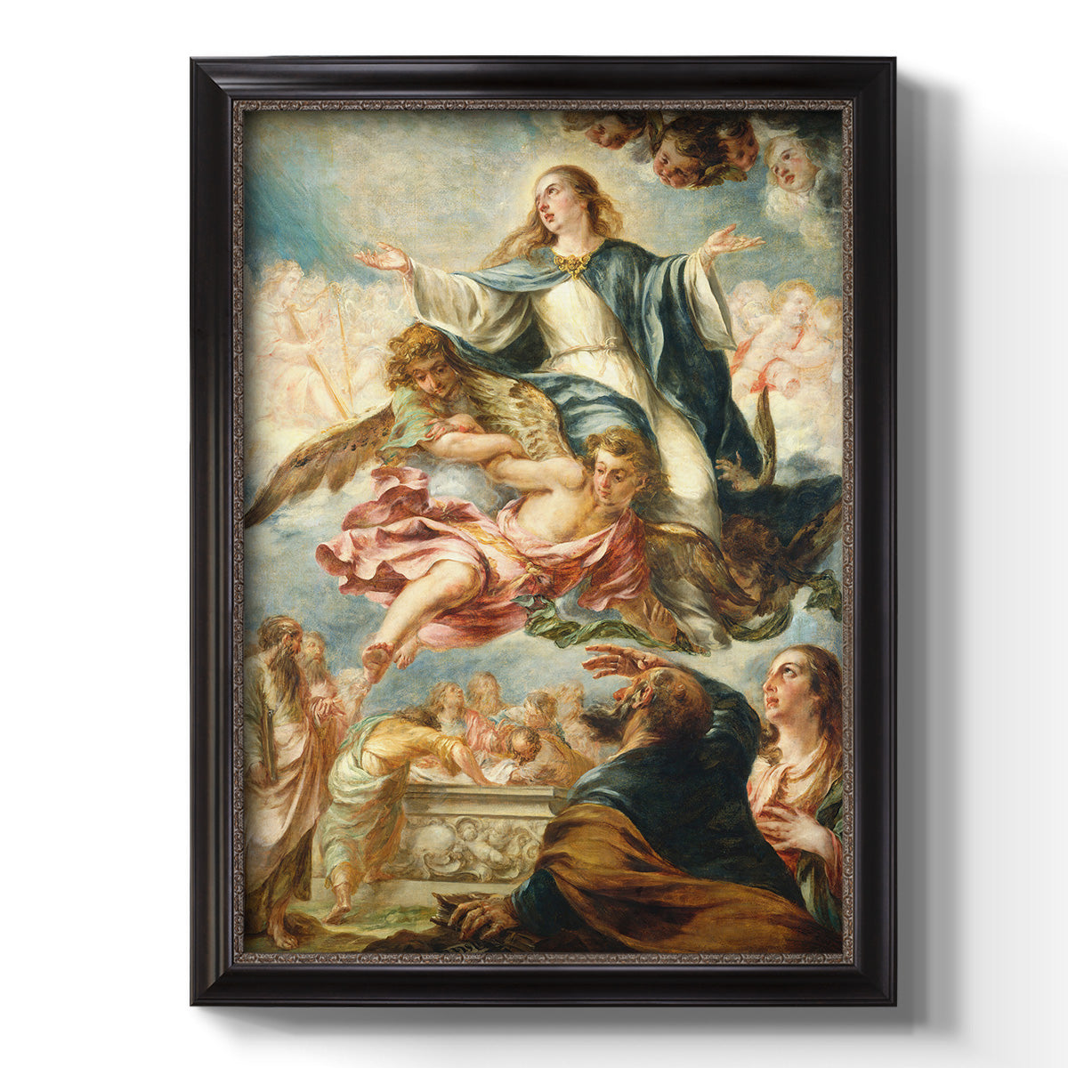 Religious painting of the Assumption of the Virgin Mary by Juan de Valdés Leal printed on canvas in an ornate black frame with gilded inner detail with a vertical orientation.