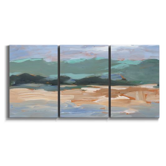 Three-panel canvas wall art featuring abstract landscape composition study on white background.