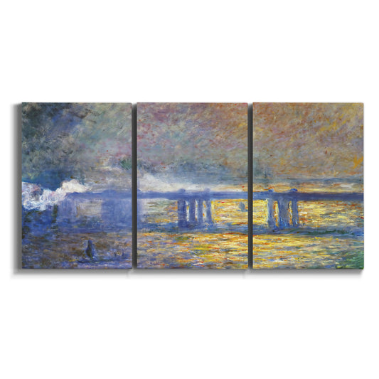 Three-panel canvas wall art featuring bridge under overcast sky on white background.