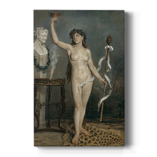 Canvas art print featuring an impressionist portrait of a nude female figure in a dark natural setting on a clean white background.