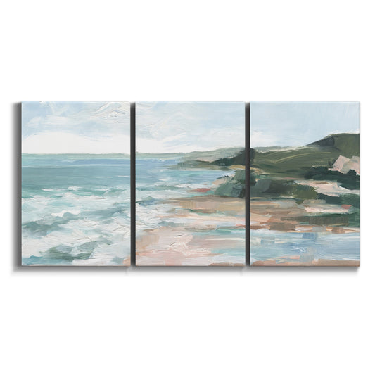 Three-panel canvas wall art featuring distant sailboats on open water on white background.
