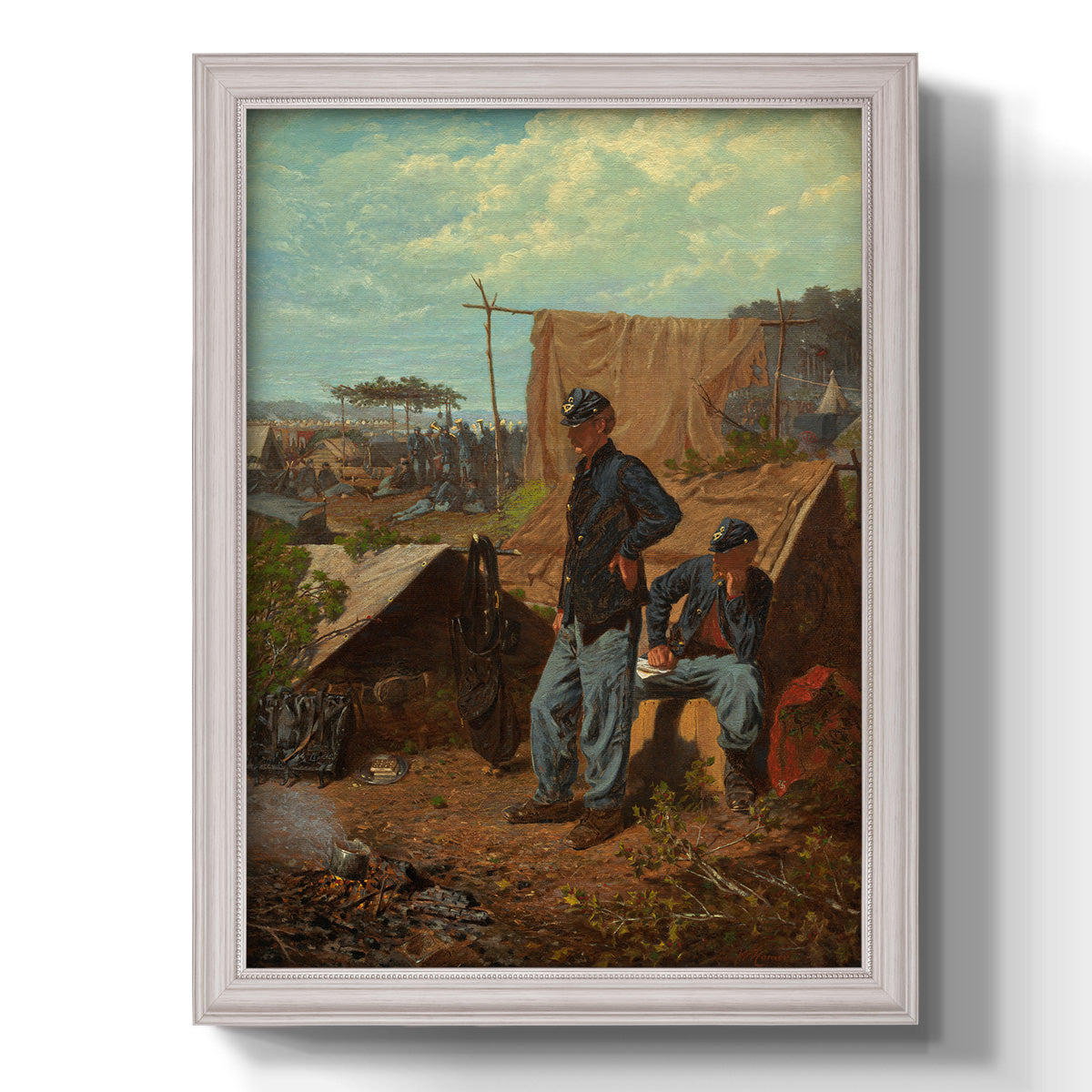 American genre scene of domestic life by Winslow Homer printed on canvas in an ornate weathered white frame with a vertical orientation.