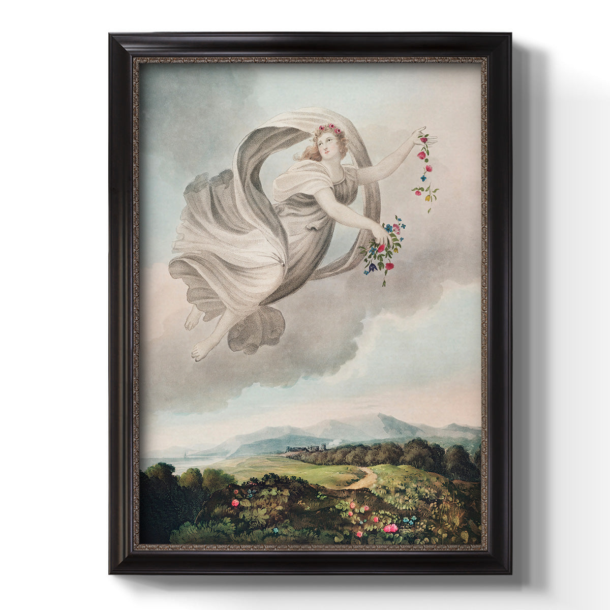 Classical allegorical depiction of the goddess Flora by Robert John Thornton printed on canvas in an ornate black frame with gilded inner detail with a vertical orientation.