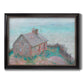 Impressionist coastal building landscape by Claude Monet printed on canvas in an ornate black frame with gilded inner detail.