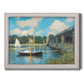 Impressionist river bridge scene at Argenteuil by Claude Monet printed on canvas in an ornate weathered white frame.