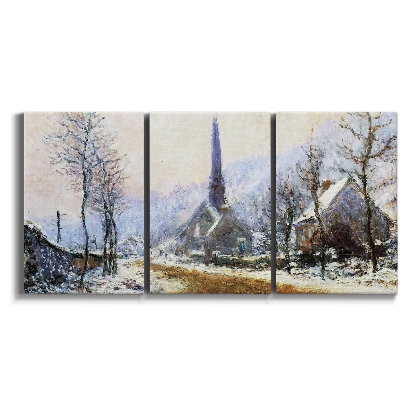 Three-panel canvas wall art featuring snow covered road leading to village on white background.