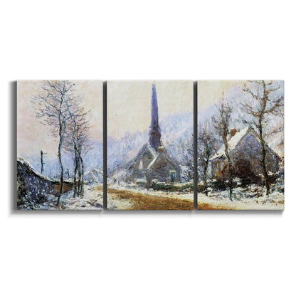Three-panel canvas wall art featuring snow covered road leading to village on white background.