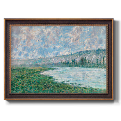 Impressionist river landscape at Vétheuil by Claude Monet printed on canvas in an ornate bronzed mahogany wood frame.