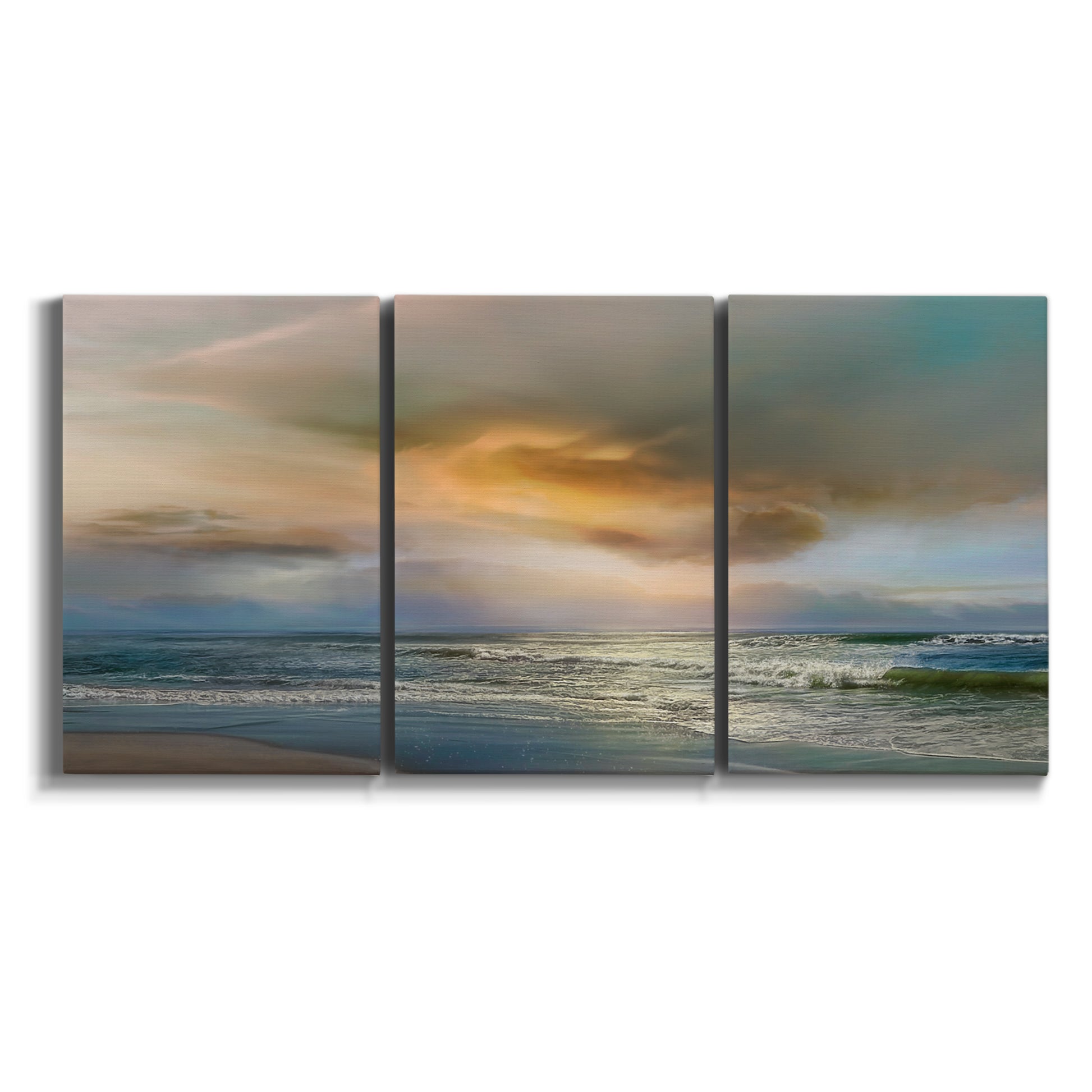 Three-panel canvas wall art featuring tranquil beach at sunset on white background.