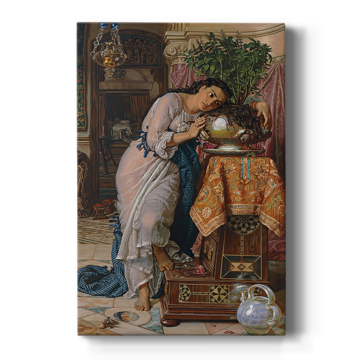 Canvas art print featuring a Romantic scene of a woman holding a pot in a detailed interior on a clean white background.