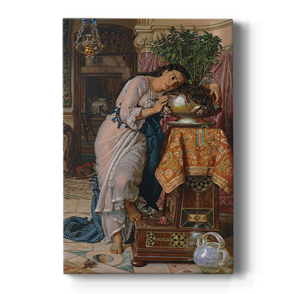 Canvas art print featuring a Romantic scene of a woman holding a pot in a detailed interior on a clean white background.