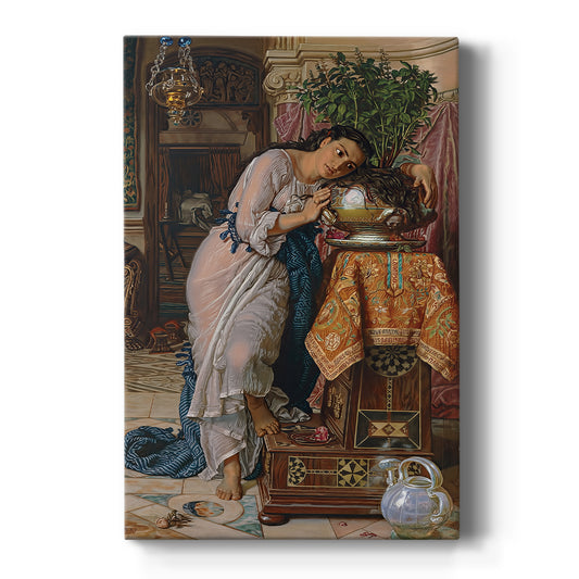 Canvas art print featuring a Romantic scene of a woman holding a pot in a detailed interior on a clean white background.