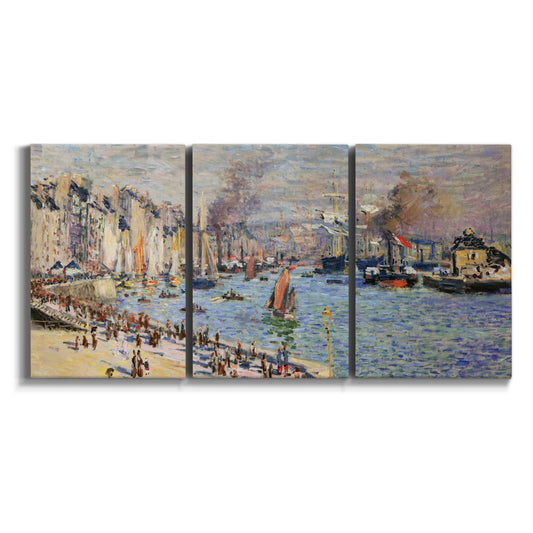 Three-panel canvas wall art featuring evening harbor with reflections on white background.