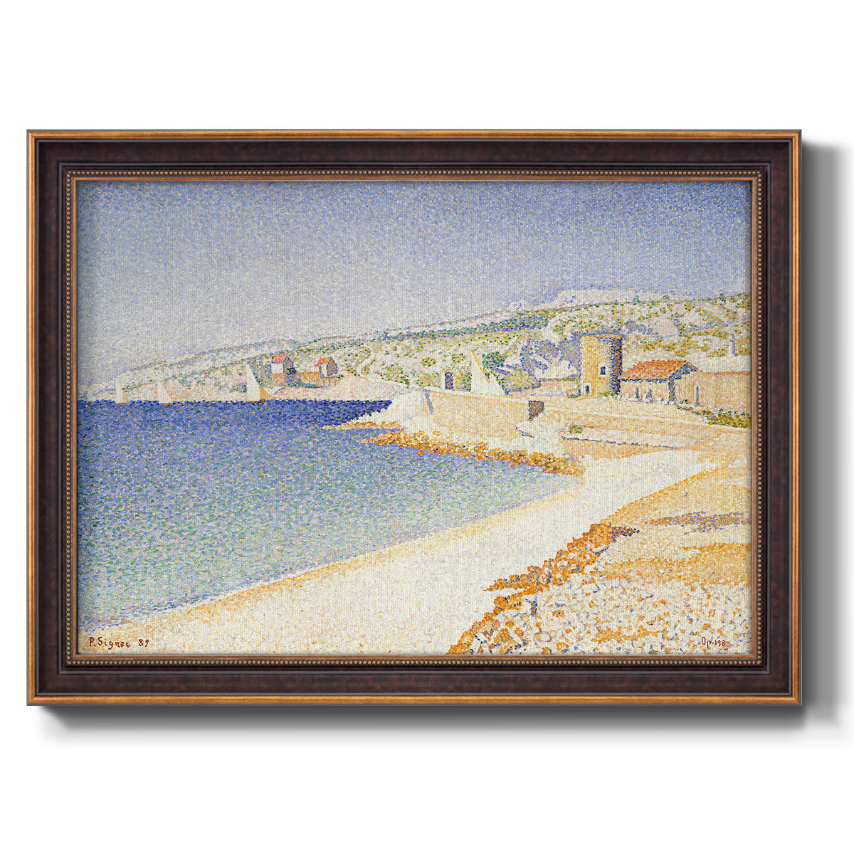 Impressionist Mediterranean jetty seascape by Paul Signac printed on canvas in an ornate bronzed mahogany wood frame.