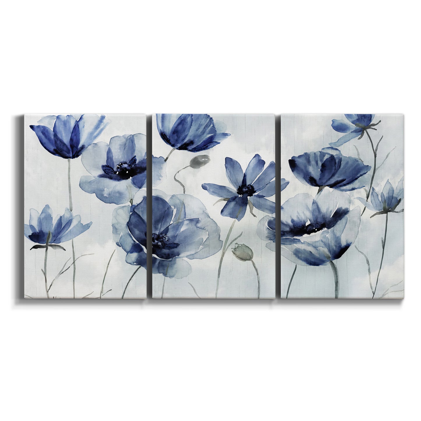 Three-panel canvas wall art featuring indigo floral blossoms awakening on white background.