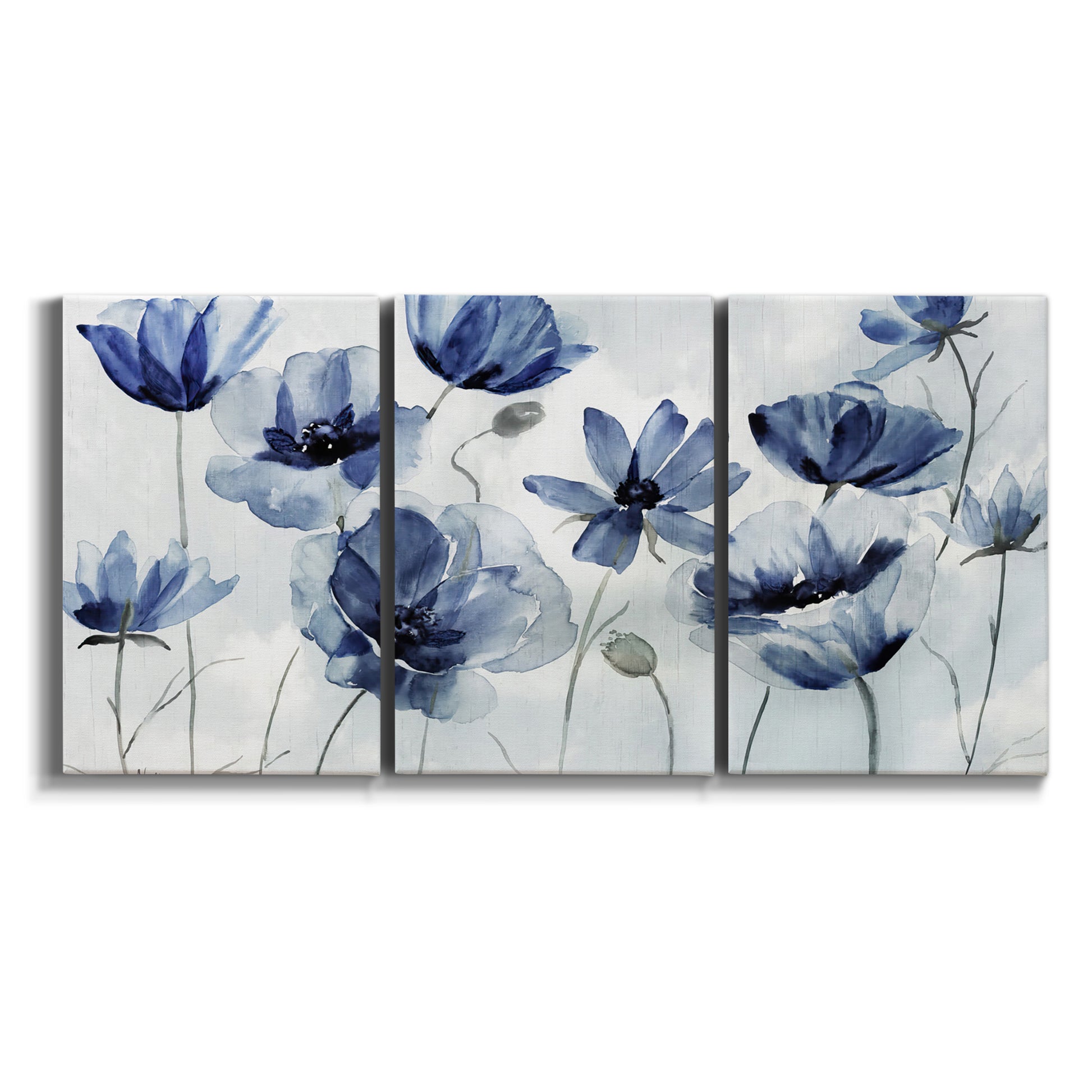 Three-panel canvas wall art featuring indigo floral blossoms awakening on white background.
