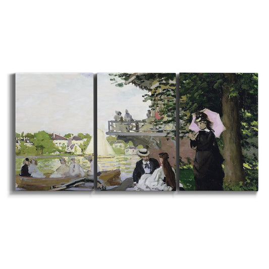 Three-panel canvas wall art featuring garden house beside river on white background.
