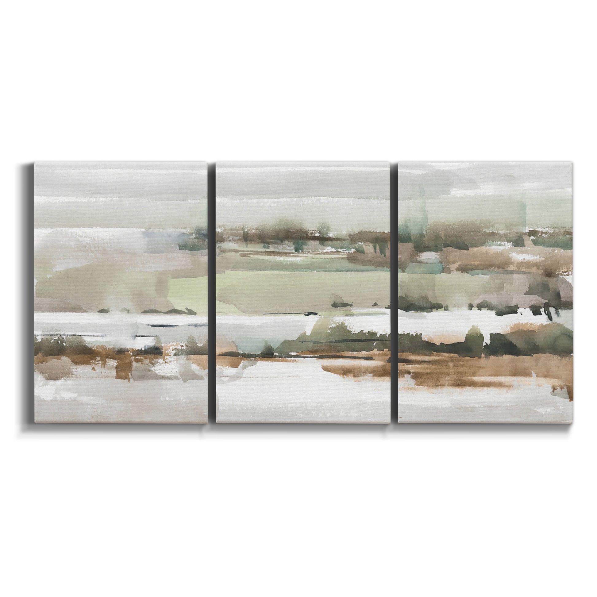 Three-panel canvas wall art featuring layered turquoise and earth tones abstract on white background.
