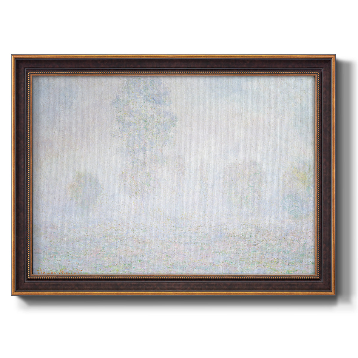 Impressionist atmospheric landscape in morning haze by Claude Monet printed on canvas in an ornate bronzed mahogany wood frame.