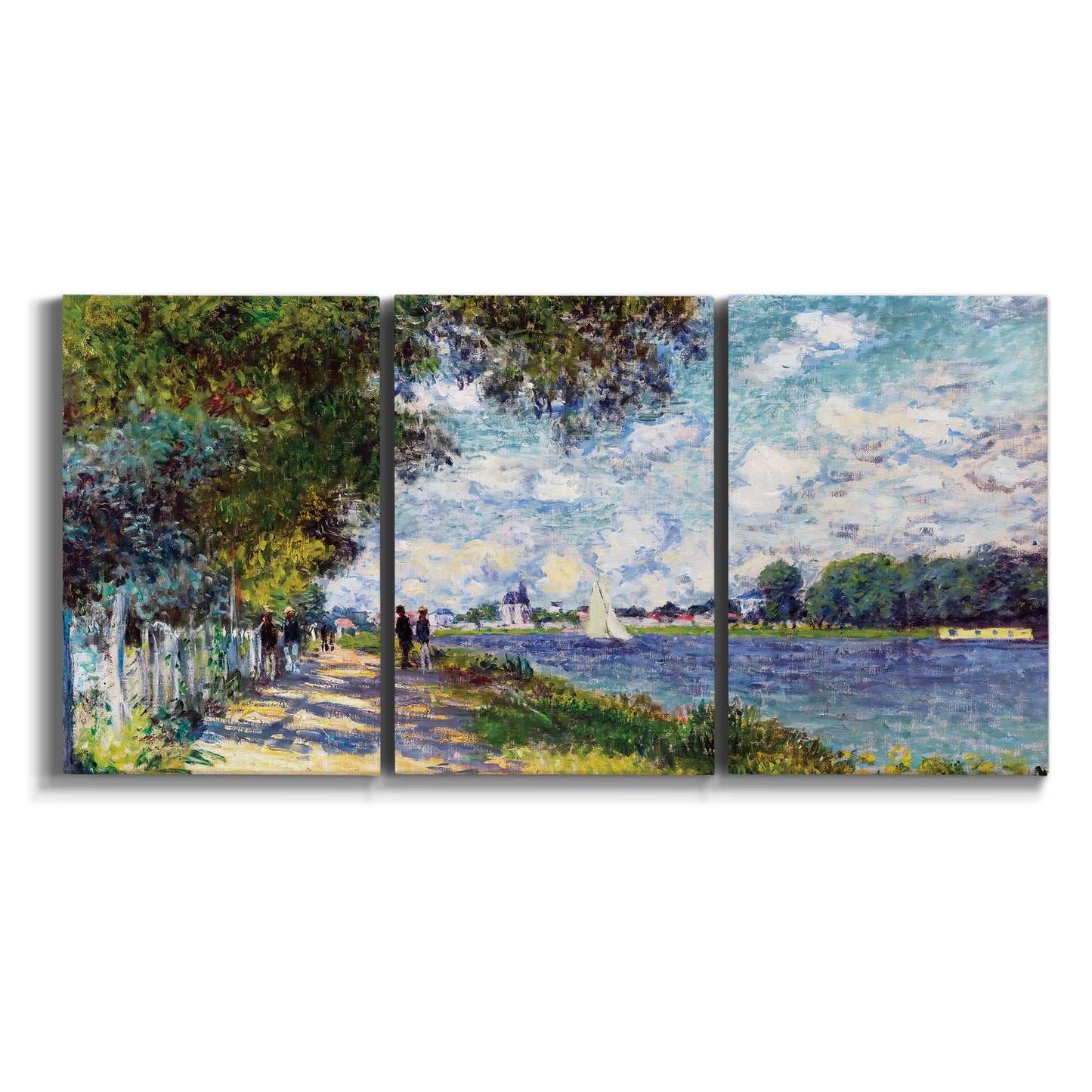 Three-panel canvas wall art featuring river landscape with boats on white background.