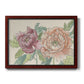 Modern peony floral drawing printed on canvas in an ornate cherry burl wood frame.