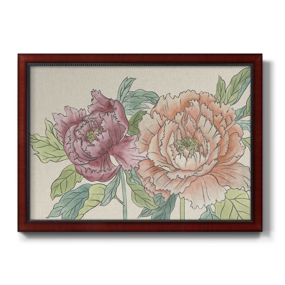 Modern peony floral drawing printed on canvas in an ornate cherry burl wood frame.