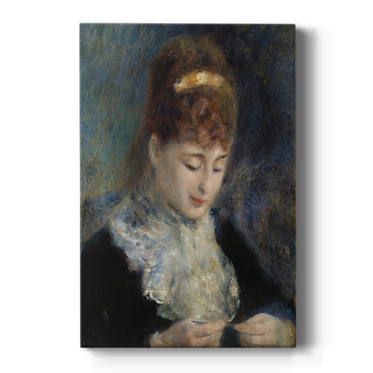 Canvas art print featuring an impressionist portrait of a young woman crocheting with soft tones on a clean white background.
