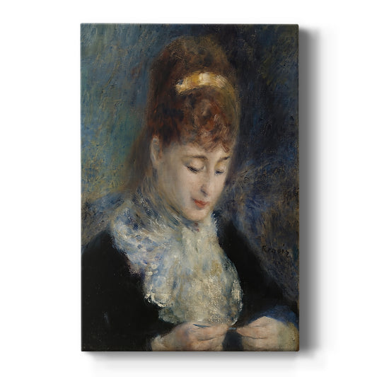 Canvas art print featuring an impressionist portrait of a young woman crocheting with soft tones on a clean white background.