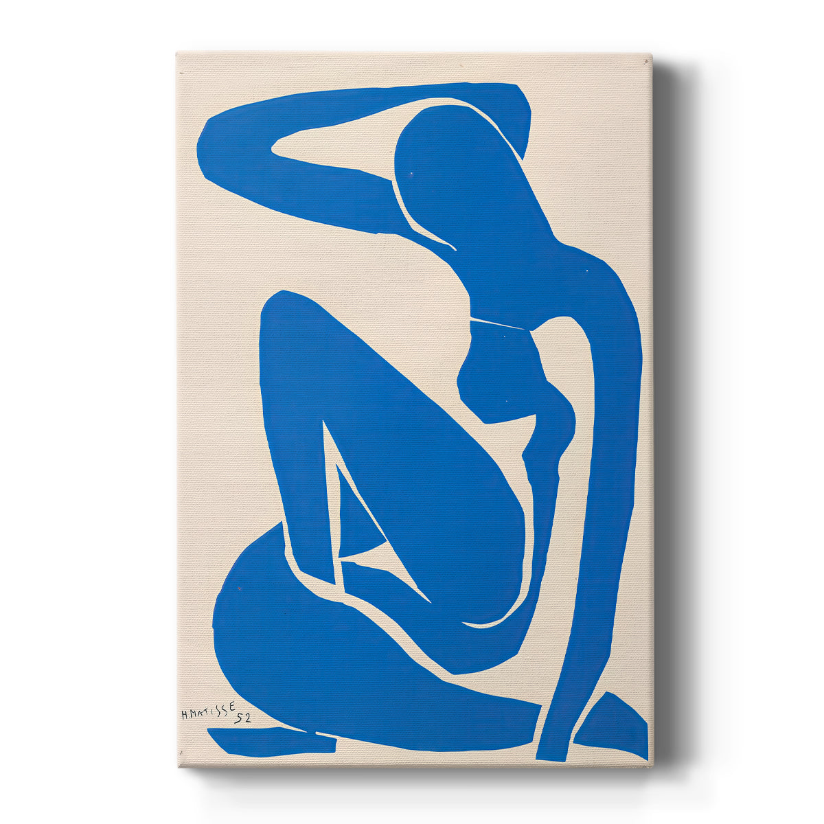 Canvas art print featuring an abstract figure of a reclining nude in bold blue cut-out shapes on a clean white background.