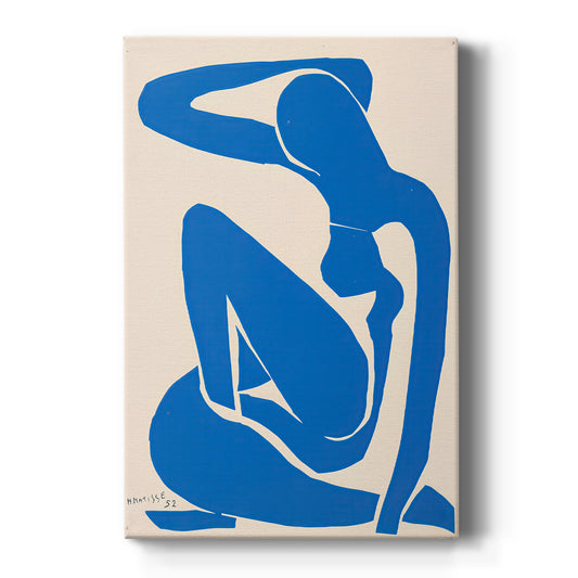 Canvas art print featuring an abstract figure of a reclining nude in bold blue cut-out shapes on a clean white background.