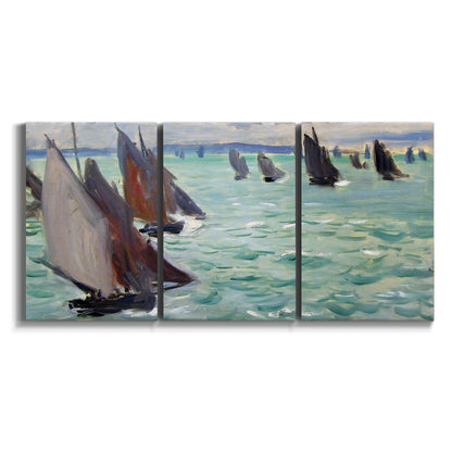 Three-panel canvas wall art featuring sailboat regatta near coastal village on white background.