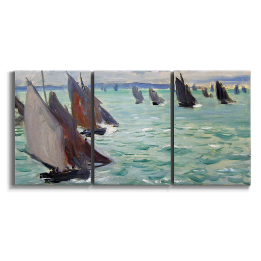 Three-panel canvas wall art featuring sailboat regatta near coastal village on white background.