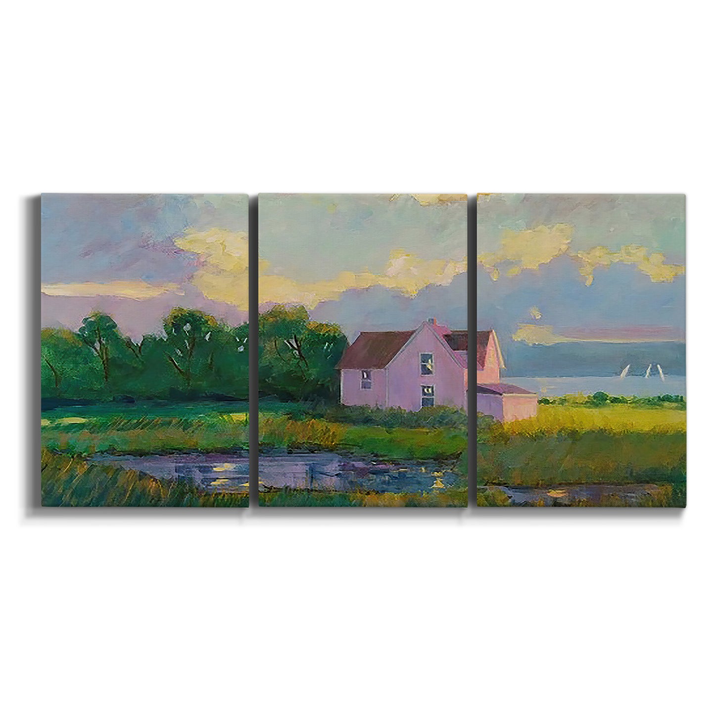 Three-panel canvas wall art featuring farmhouse near coastline landscape on white background.