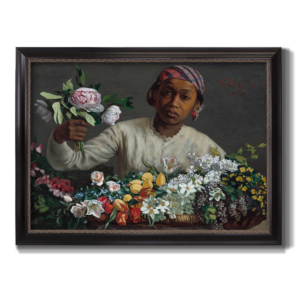 Traditional portrait of a woman holding peonies by Frédéric Bazille printed on canvas in an ornate black frame with gilded inner detail.