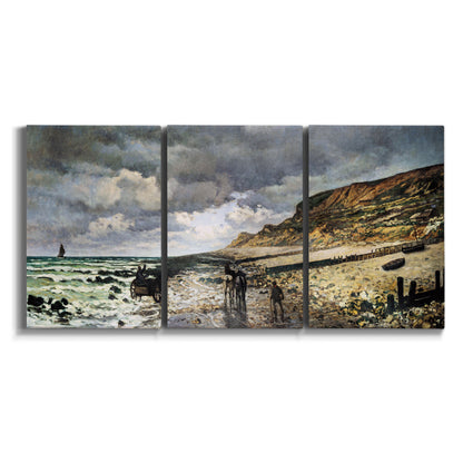 Three-panel canvas wall art featuring sunset beach with glowing sky on white background.