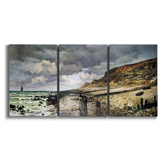 Three-panel canvas wall art featuring sunset beach with glowing sky on white background.