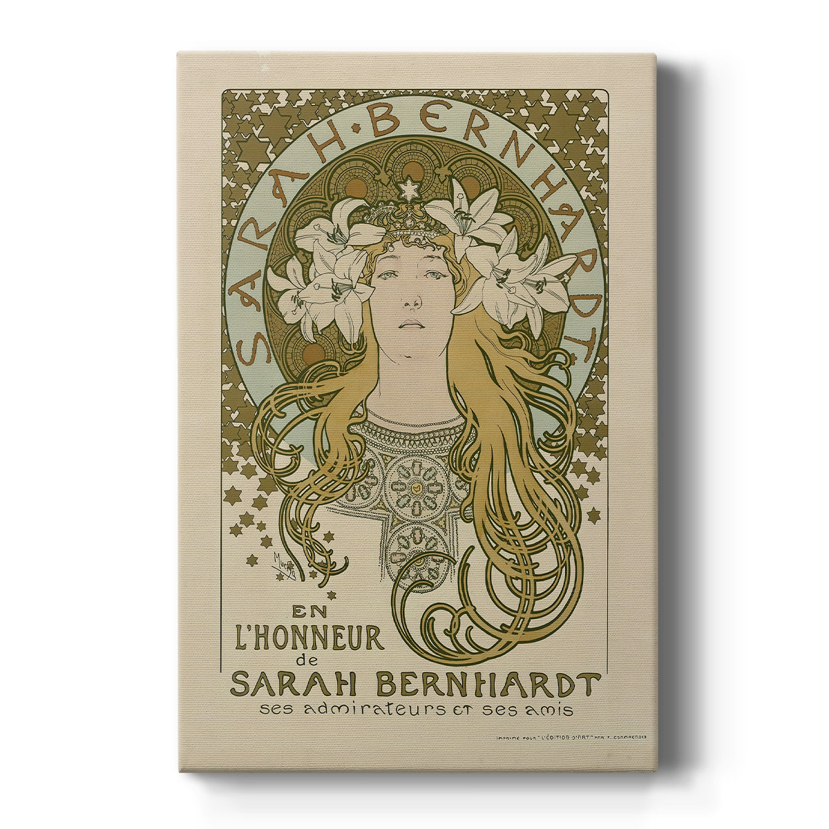 Canvas art print featuring an Art Nouveau poster of a woman honoring Sarah Bernhardt with ornate details on a clean white background.