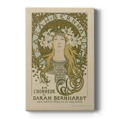 Canvas art print featuring an Art Nouveau poster of a woman honoring Sarah Bernhardt with ornate details on a clean white background.