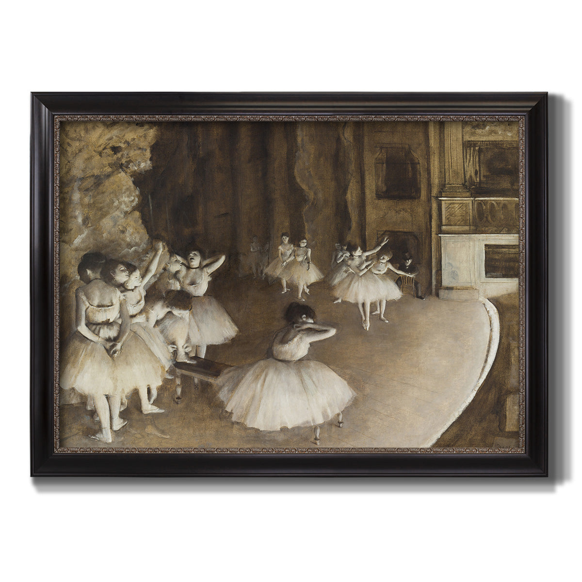 Impressionist ballet rehearsal scene by Edgar Degas printed on canvas in an ornate black frame with gilded inner detail.