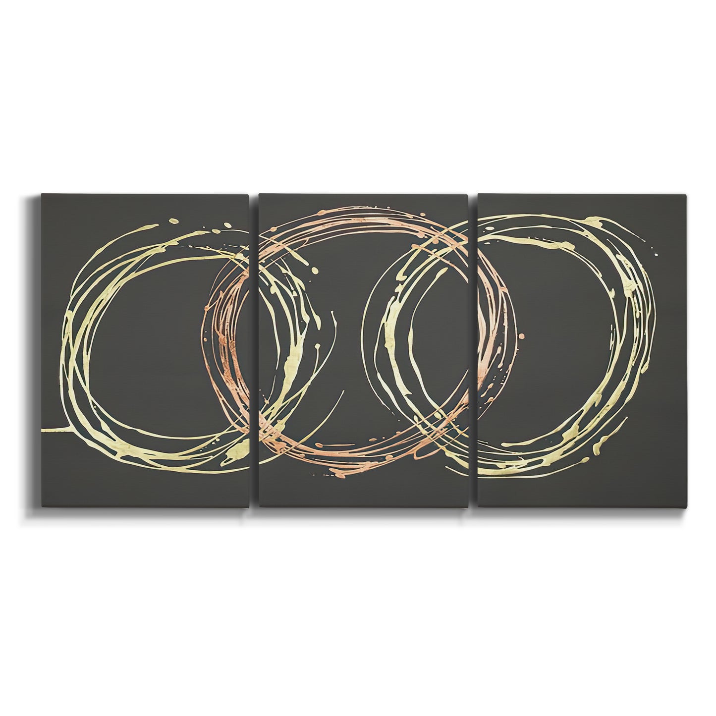 Three-panel canvas wall art featuring geometric abstract wave tangents on white background.