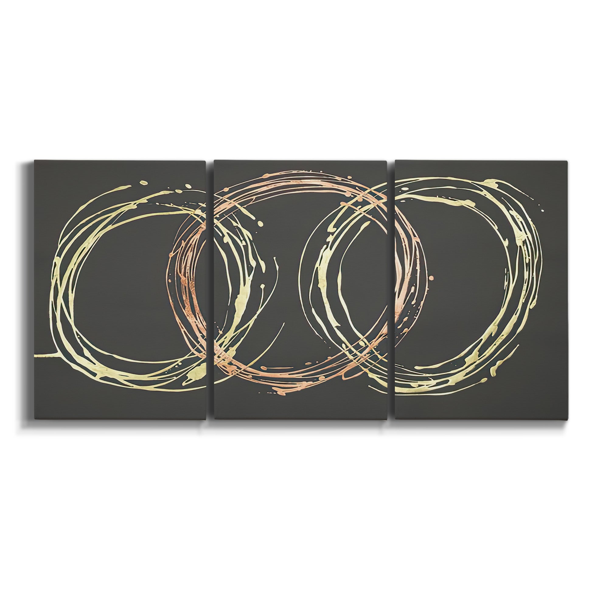 Three-panel canvas wall art featuring geometric abstract wave tangents on white background.