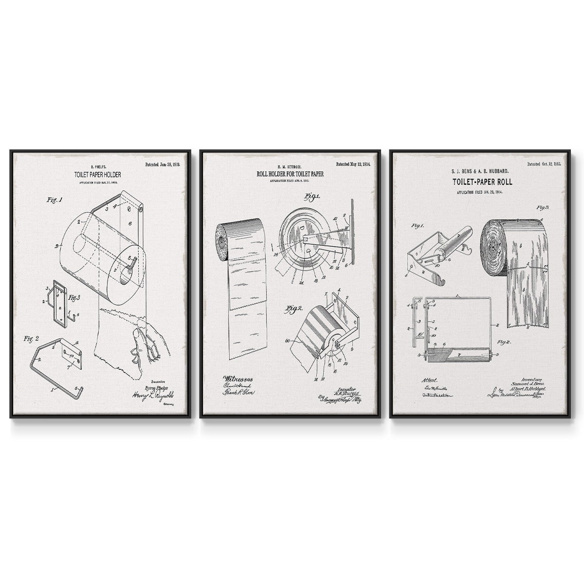 Toilet Paper Patent I - Framed Premium Gallery Wrapped Canvas L Frame 3 Piece Set - Ready to Hang