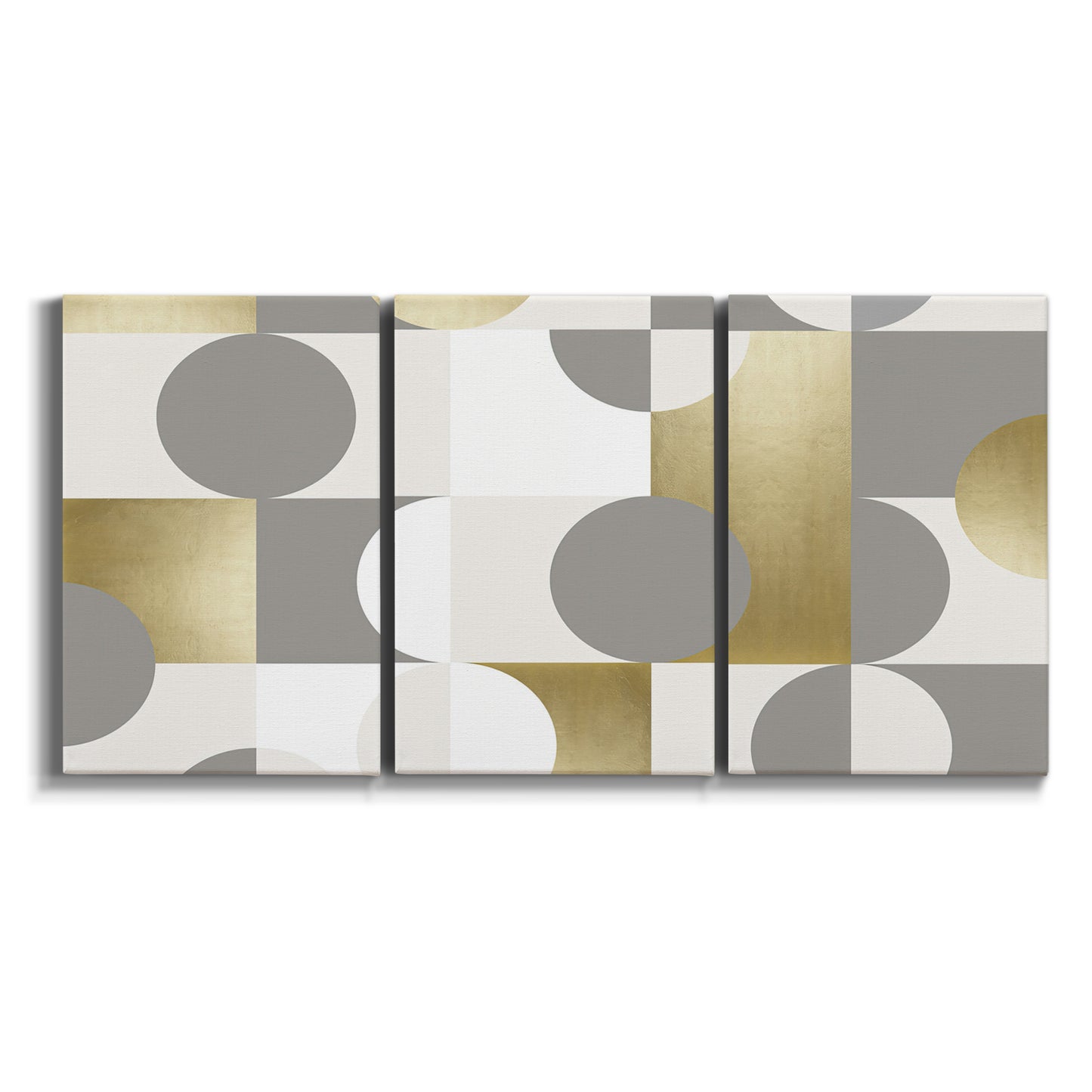 Three-panel canvas wall art featuring geometric gold abstract reflections on white background.