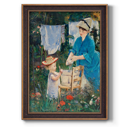 Intimate domestic genre scene by Édouard Manet printed on canvas in an ornate weathered white frame with a vertical orientation.