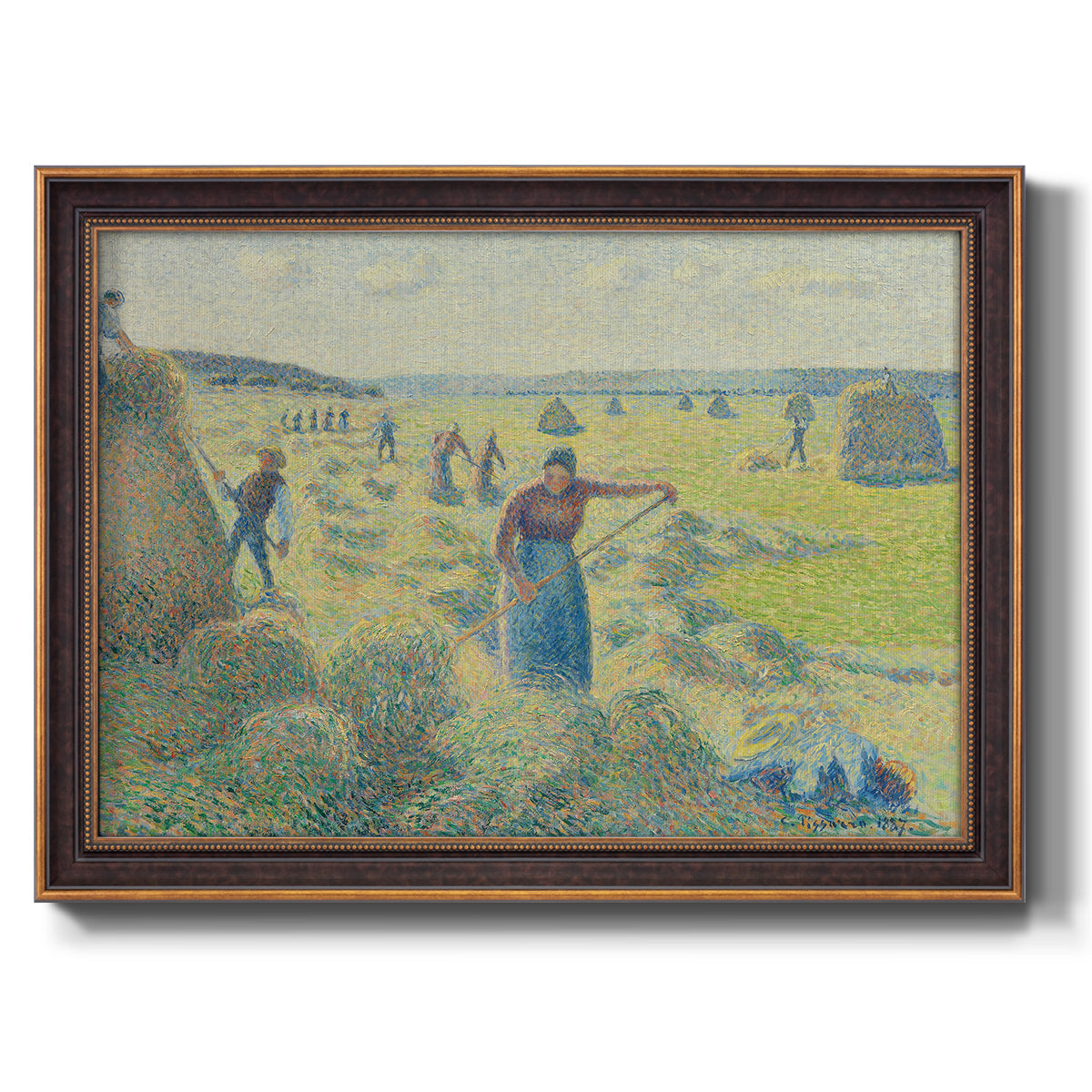 Impressionist rural hay harvest landscape by Camille Pissarro printed on canvas in an ornate bronzed mahogany wood frame.
