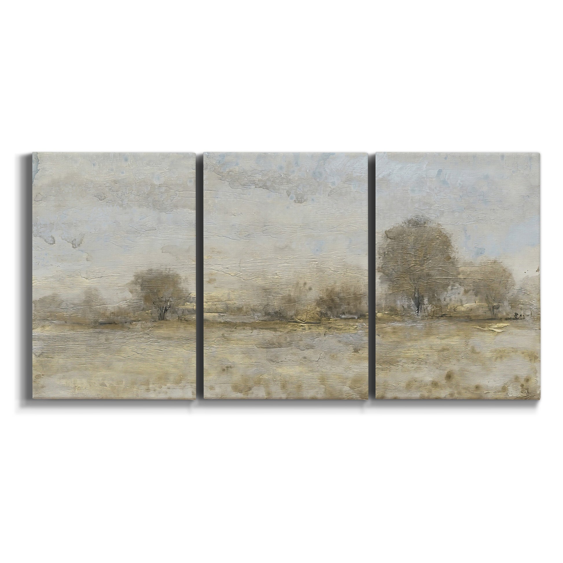 Three-panel canvas wall art featuring late season rural harvest fields on white background.