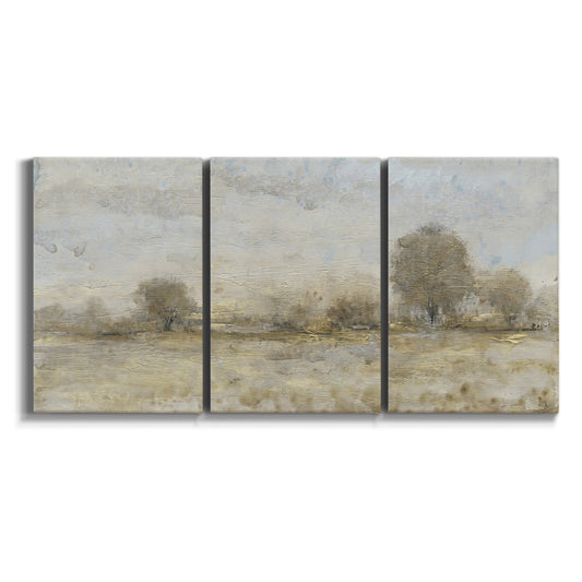 Three-panel canvas wall art featuring late season rural harvest fields on white background.