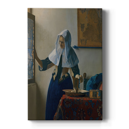 Canvas art print featuring a Baroque interior of a woman holding a water pitcher near a window on a clean white background.
