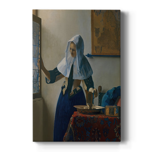 Canvas art print featuring a Baroque interior of a woman holding a water pitcher near a window on a clean white background.