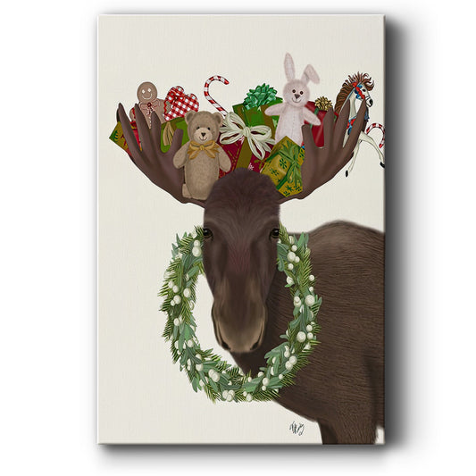 Christmas Moose and Christmas Gifts - Canvas Art Print